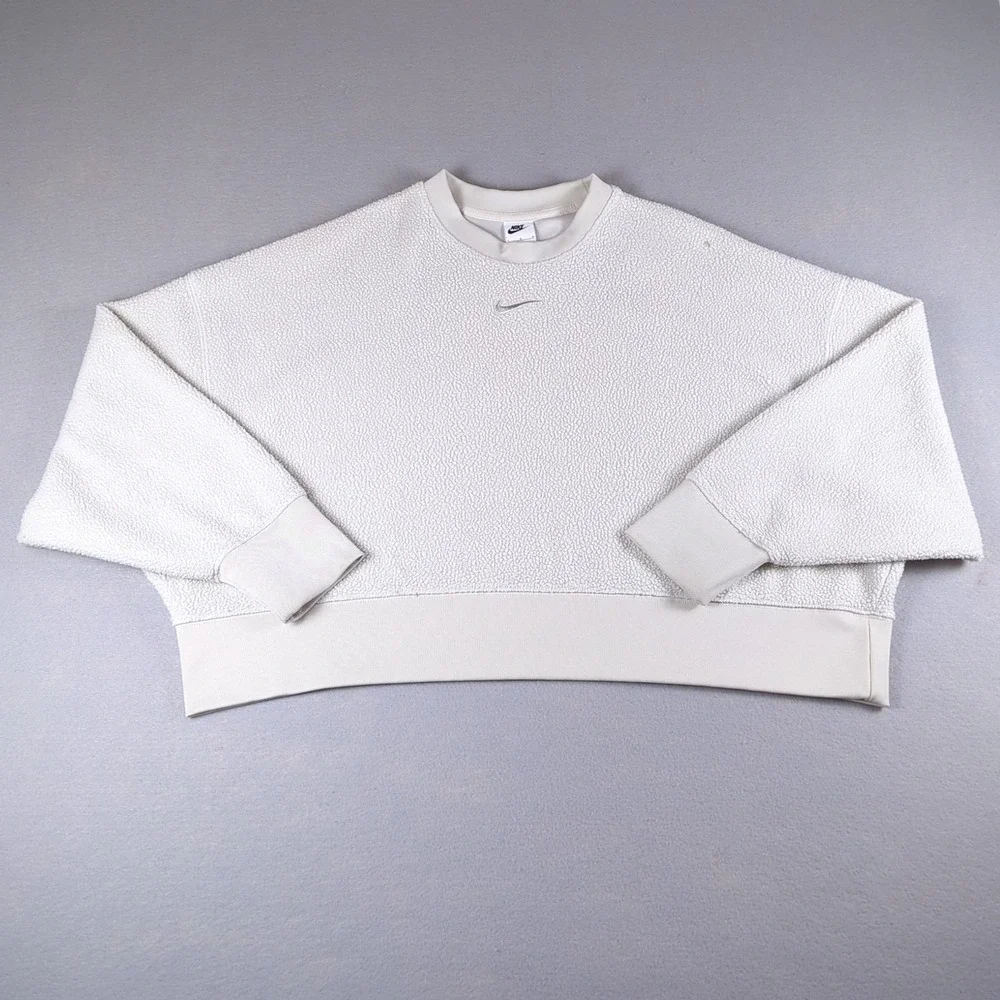 Nike Oversized Cropped Sweater Womens Large Ivory White Center Swoosh Pullover